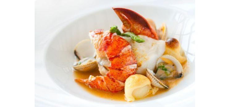 Macro close up of seafood dish lobster and shellfish.