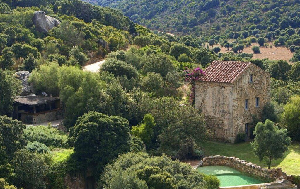 Vue aerienne, Maison Nivara, Domaine de Murtoli, Corse du Sud (2A), France